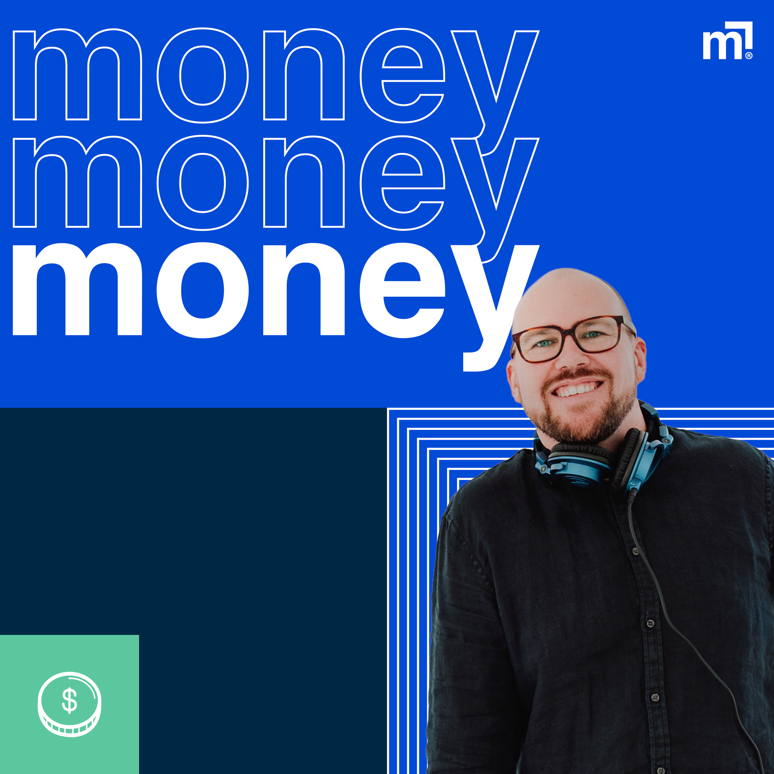 A man wearing glasses and headphones smiling against a blue background with white text that says 'money, honey, happy' and icons representing money.