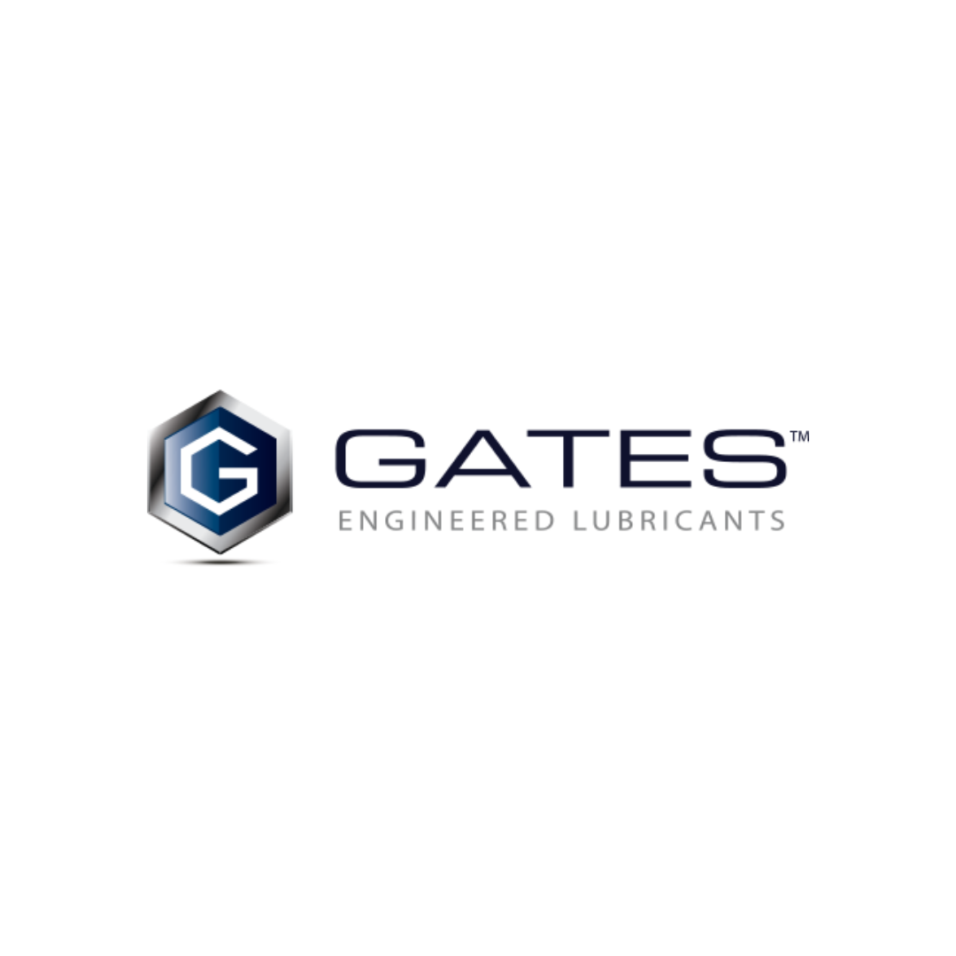GATES logo featuring a blue and gray hexagon with a stylized 'G' inside, alongside the text 'GATES ENGINERED LUBRICANTS'.