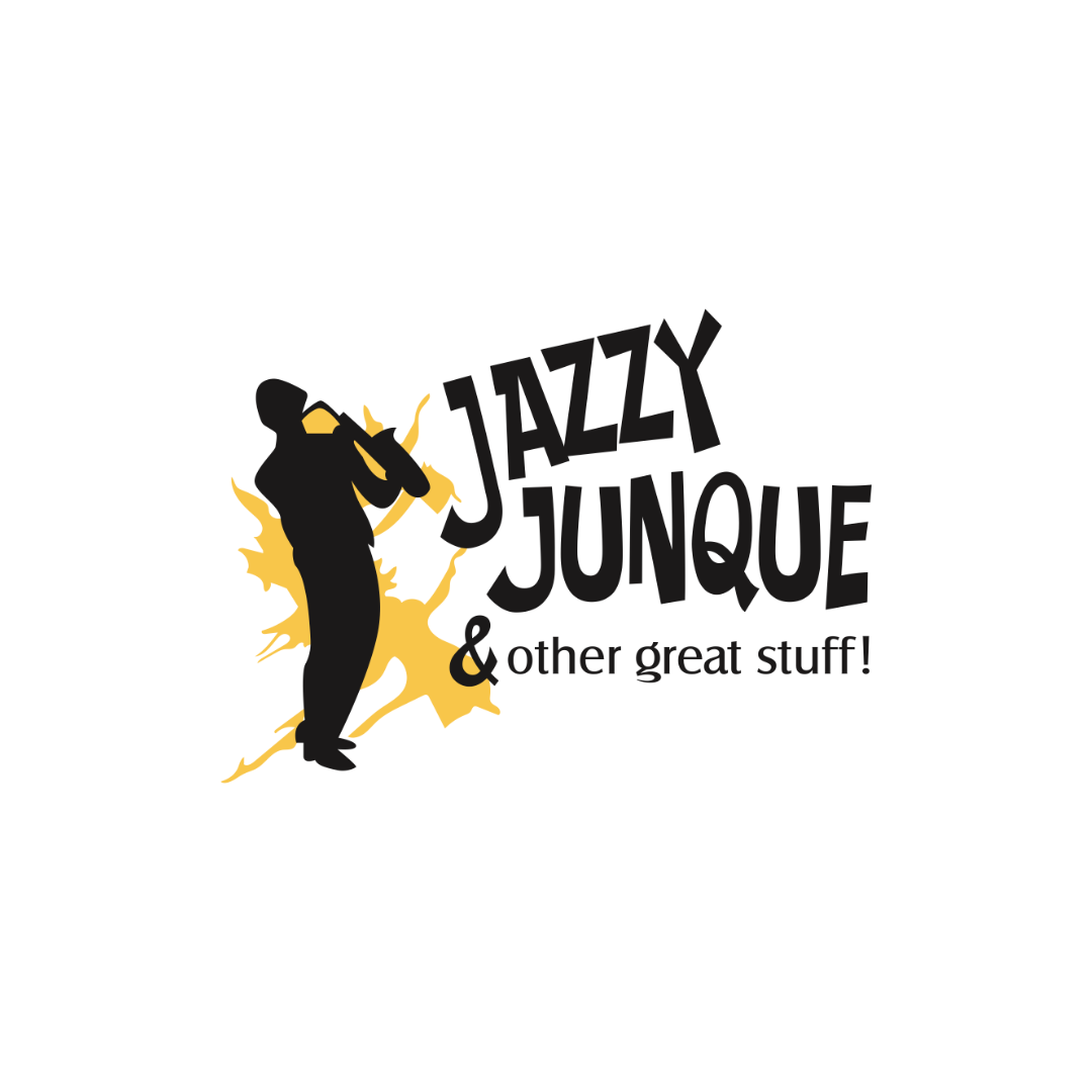 Logo featuring a silhouette of a person playing a saxophone with yellow abstract splash behind, and text 'Jazzy Junque & other great stuff!'