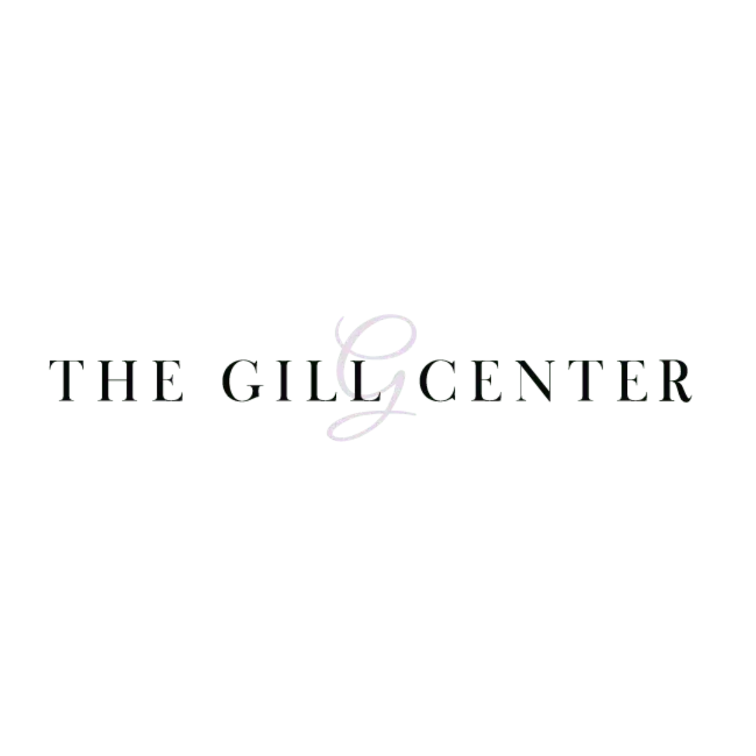 The logo of The Gill Center with black text and a light purple decorative G in the center on a white background.
