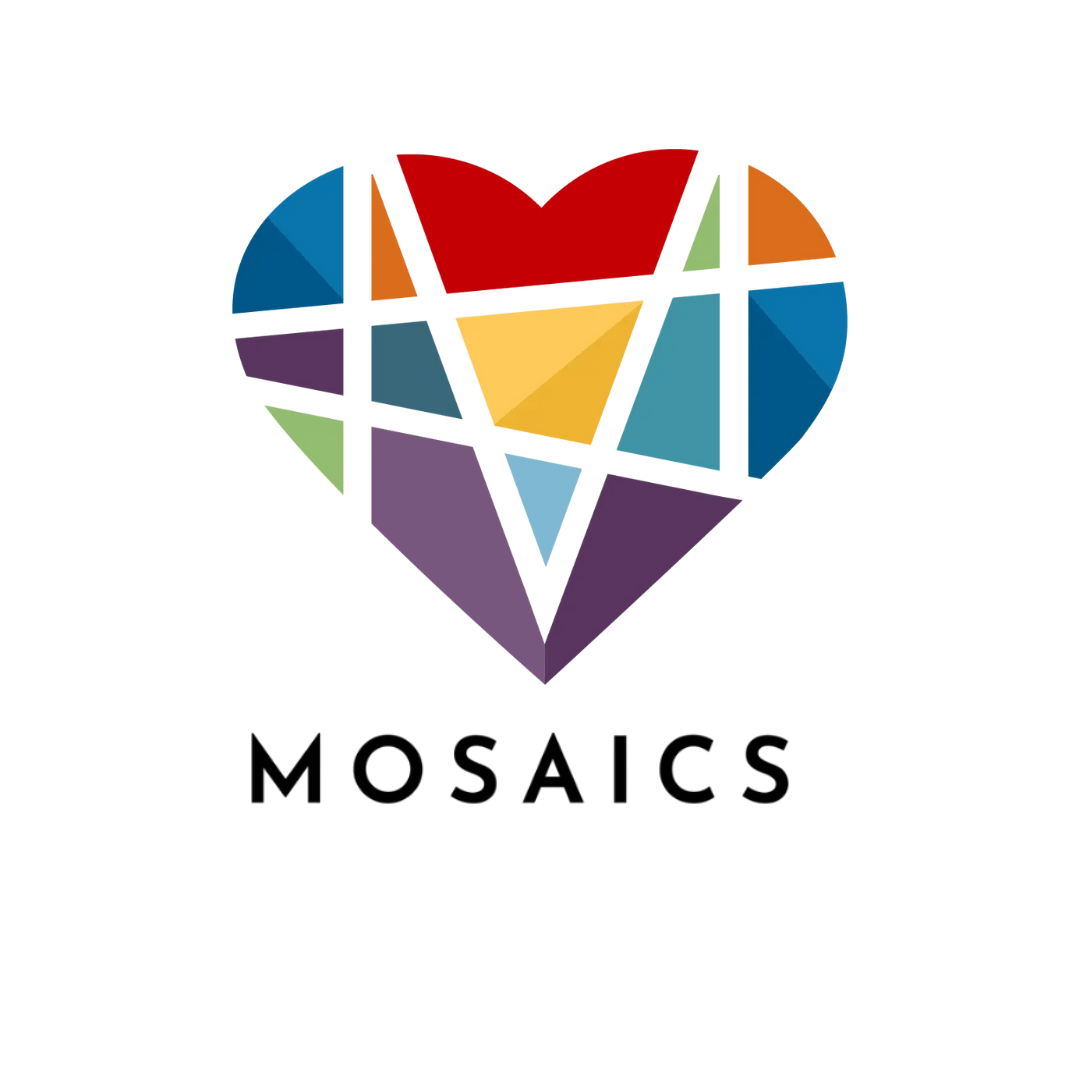 A colorful mosaic heart made of various geometric shapes with the word 'MOSAICS' written below.