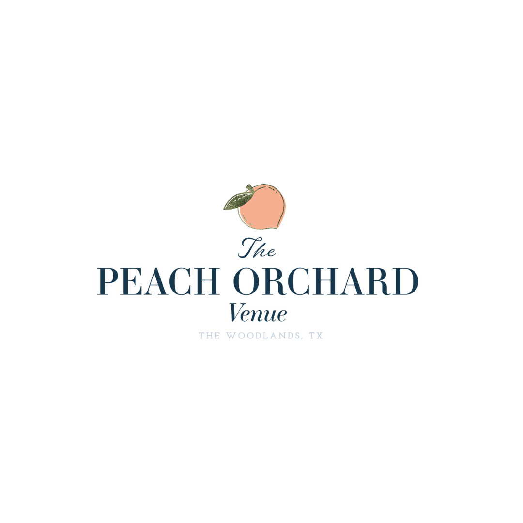 Logo for The Peach Orchard Venue featuring a peach with a green leaf above the venue name and location text below.