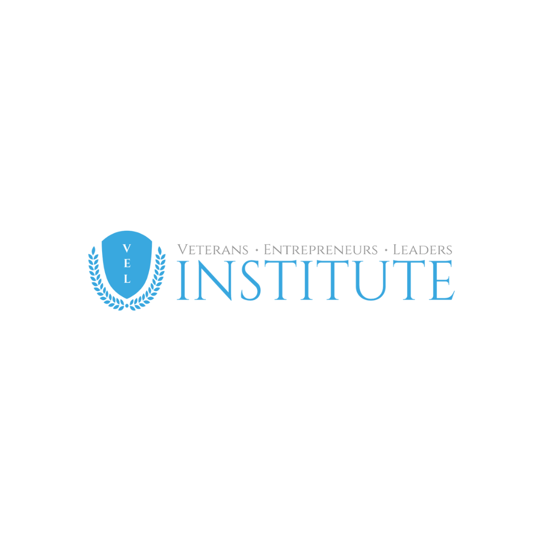 Logo for the Vets Institute, featuring a blue shield with laurel branches and the word VEL inside, alongside the words Veterans, Entrepreneurs, Leaders, and Institute in blue and gray text.