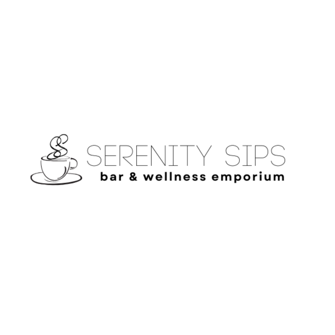Serenity Sips bar and wellness emporium logo with a steaming coffee cup illustration.