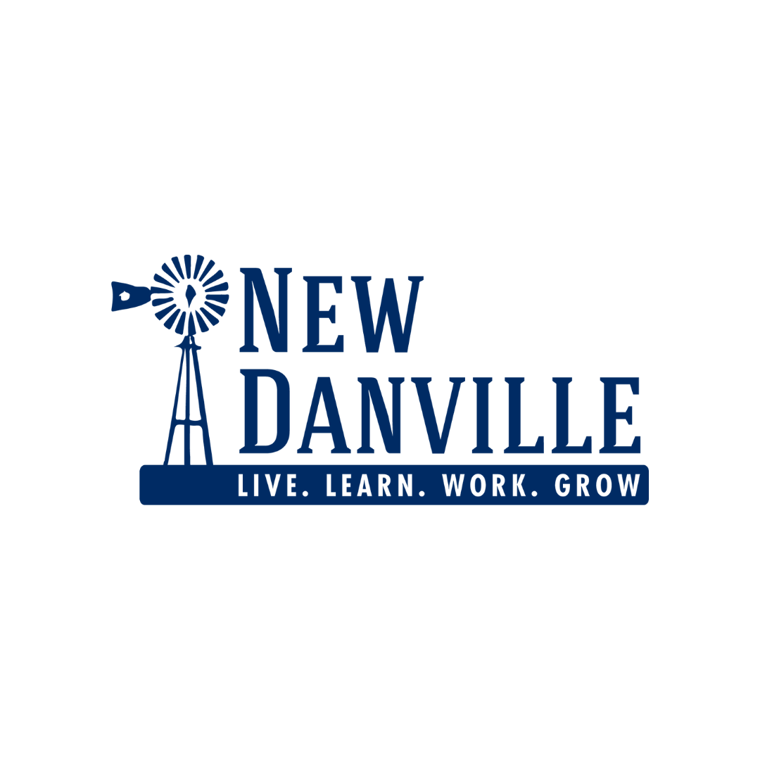 Logo for New Danville with a windmill graphic and the tagline 'Live. Learn. Work. Grow.'