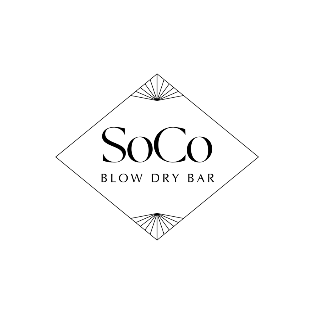 Logo for SoCo Blow Dry Bar featuring a diamond-shaped border with decorative lines at the top and bottom, and the text 'SoCo' in large font and 'Blow Dry Bar' in smaller font below.