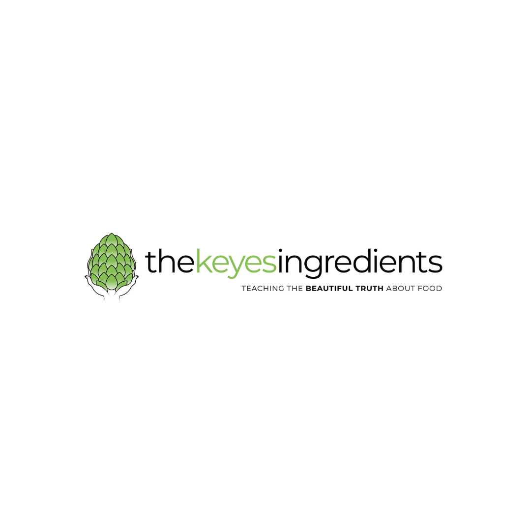 Logo for 'the keyes ingredients' with an illustration of a green pinecone and hands supporting it, tagline 'Teaching the beautiful truth about food'.