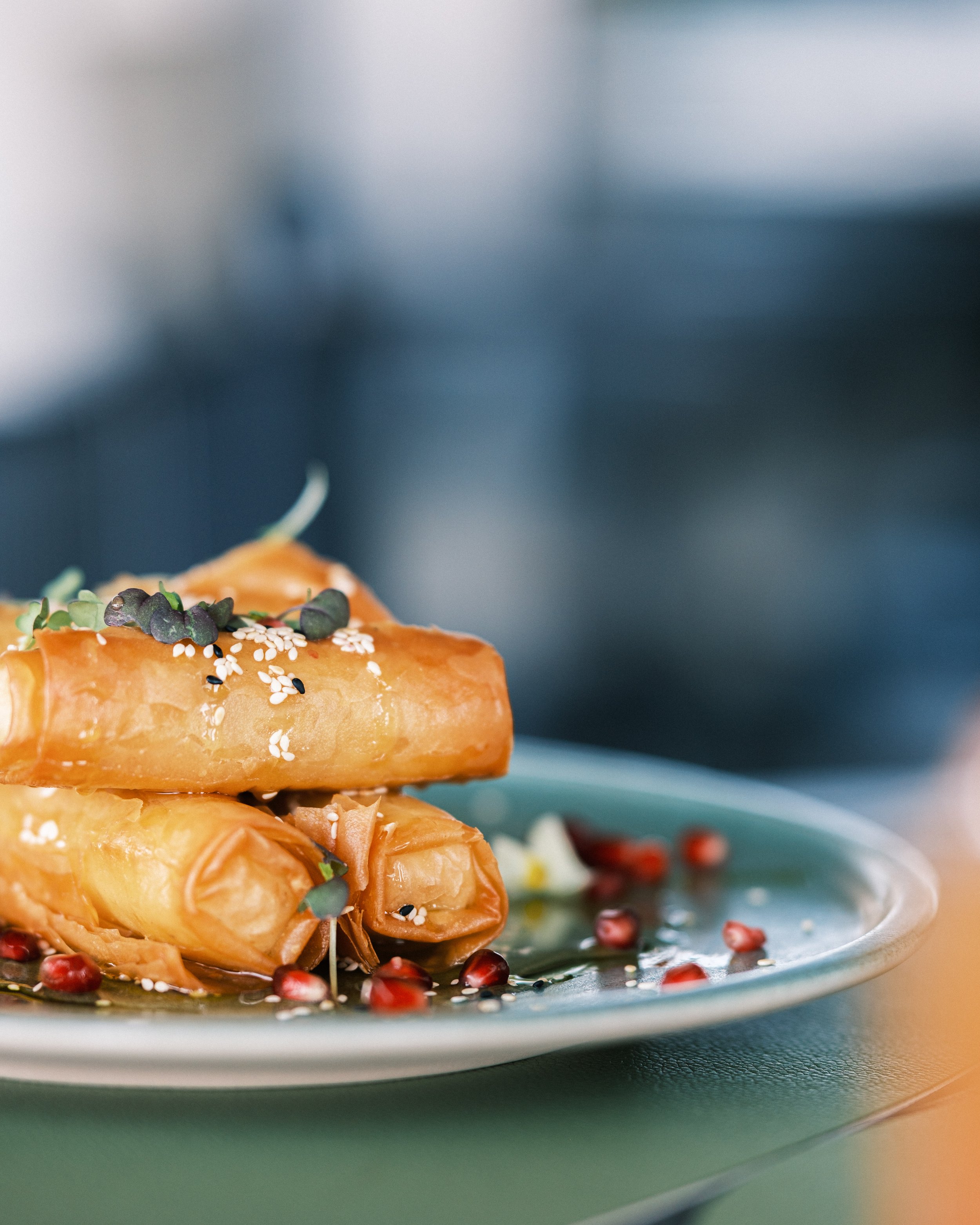 Close-up of spring rolls garnished with herbs, sesame seeds, and pomegranate seeds on a white plate.