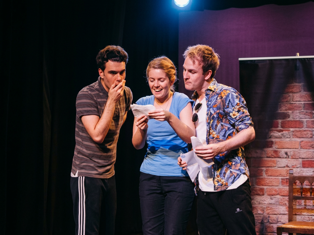 Three English Theatre Company actors performing Too Good to Miss..