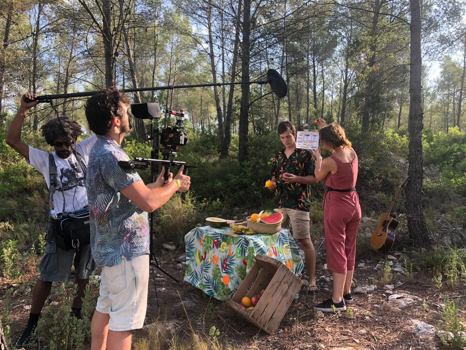 Filming in the woods. 4 people filming our On Screen