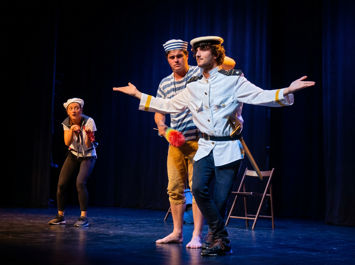Three actors performing a theatrical scene on stage dressed in sailor costumes, with one actor in a white sailor uniform with a hat, another in casual striped clothing, and a third in a sailor hat and casual clothing.