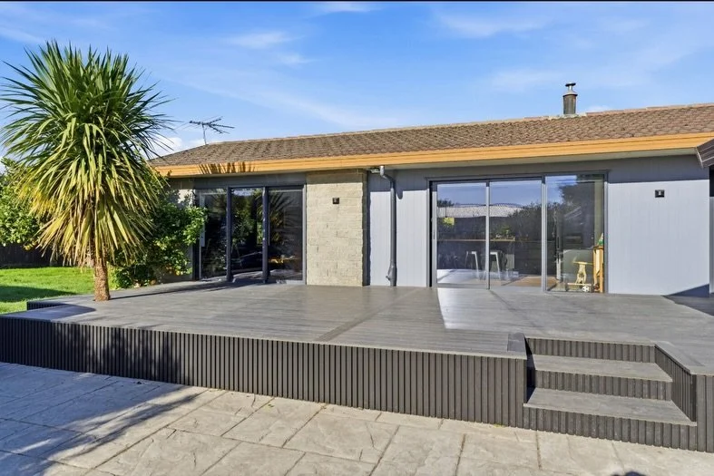 Eko Deck Designer series in Iron Wood and closed off with Eko Deck castellated panel