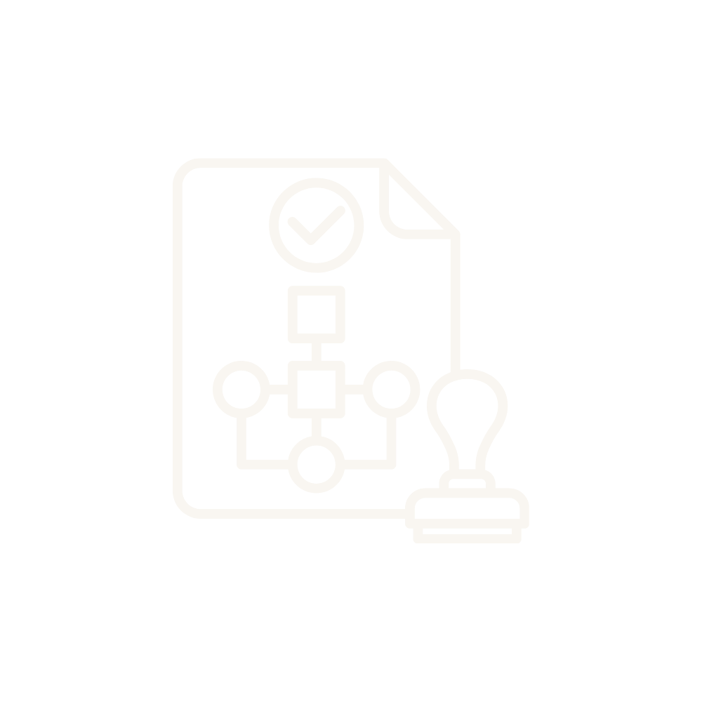 Icon of a document with a checkmark, flowchart, and a rubber stamp on a black background.