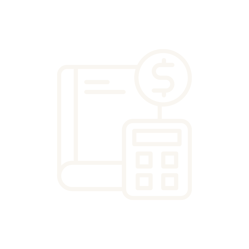 Outline icon of a book, a dollar sign, and a calculator, representing finance or accounting.
