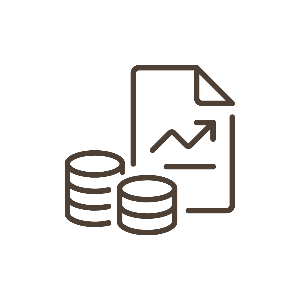Line graph with an upward trend, stacked coins, and a document icon, symbolizing financial growth or investment.