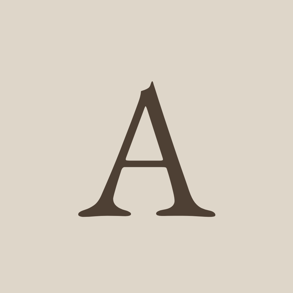 Large uppercase letter A in dark brown on a light beige background.