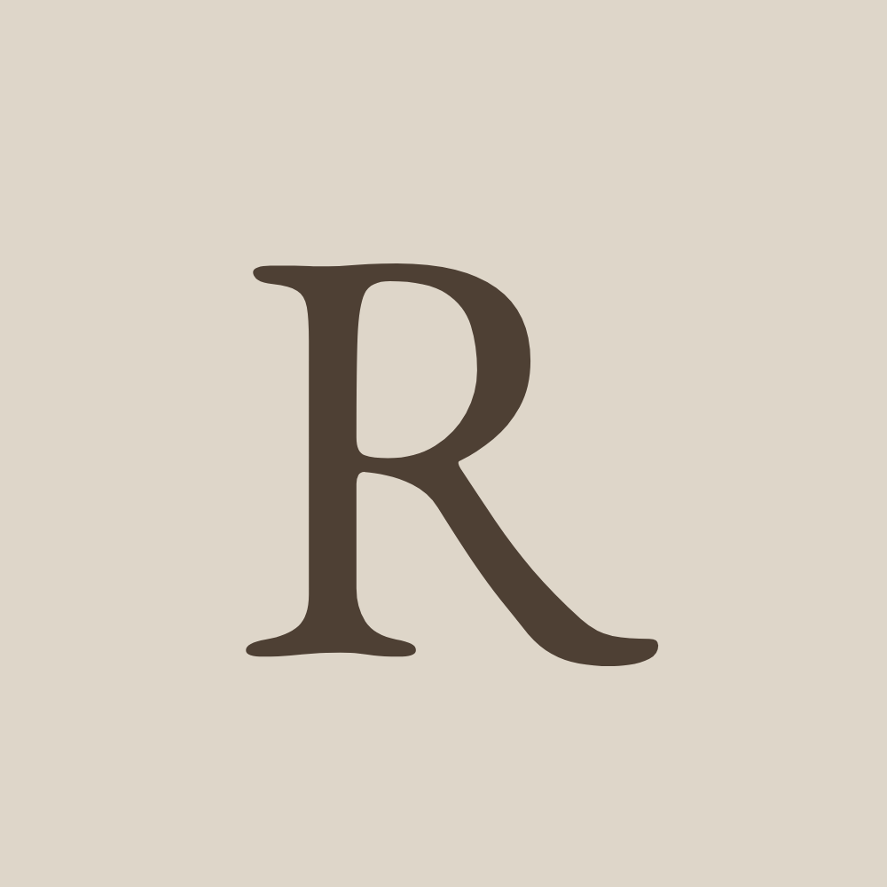 A large brown letter R on a beige background.