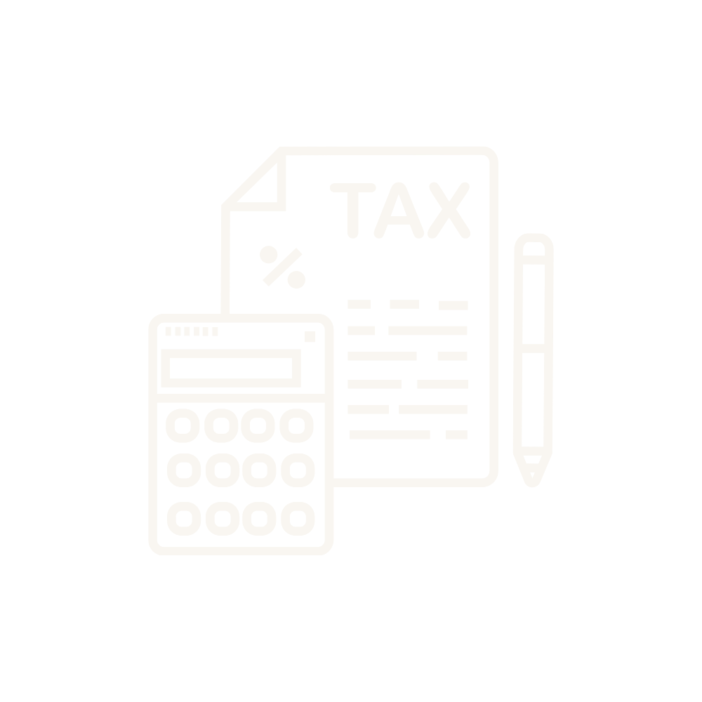Outline illustration of tax documents, calculator, and pen on a black background.