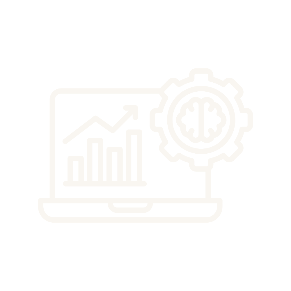 Icon of a laptop with a graph showing upward trend and a gear with a brain inside, representing data analysis and artificial intelligence.