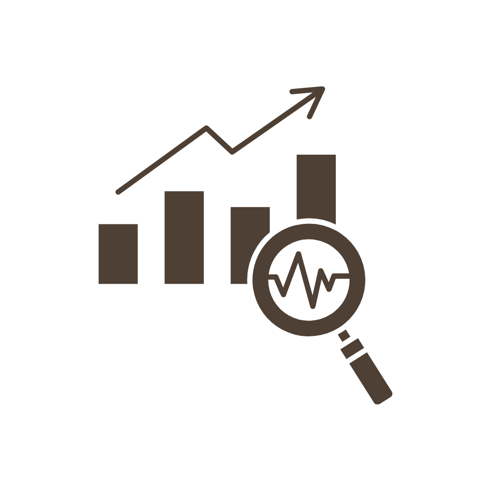 A bar graph with an upward trend line and a magnifying glass displaying a heartbeat or health monitor symbol.