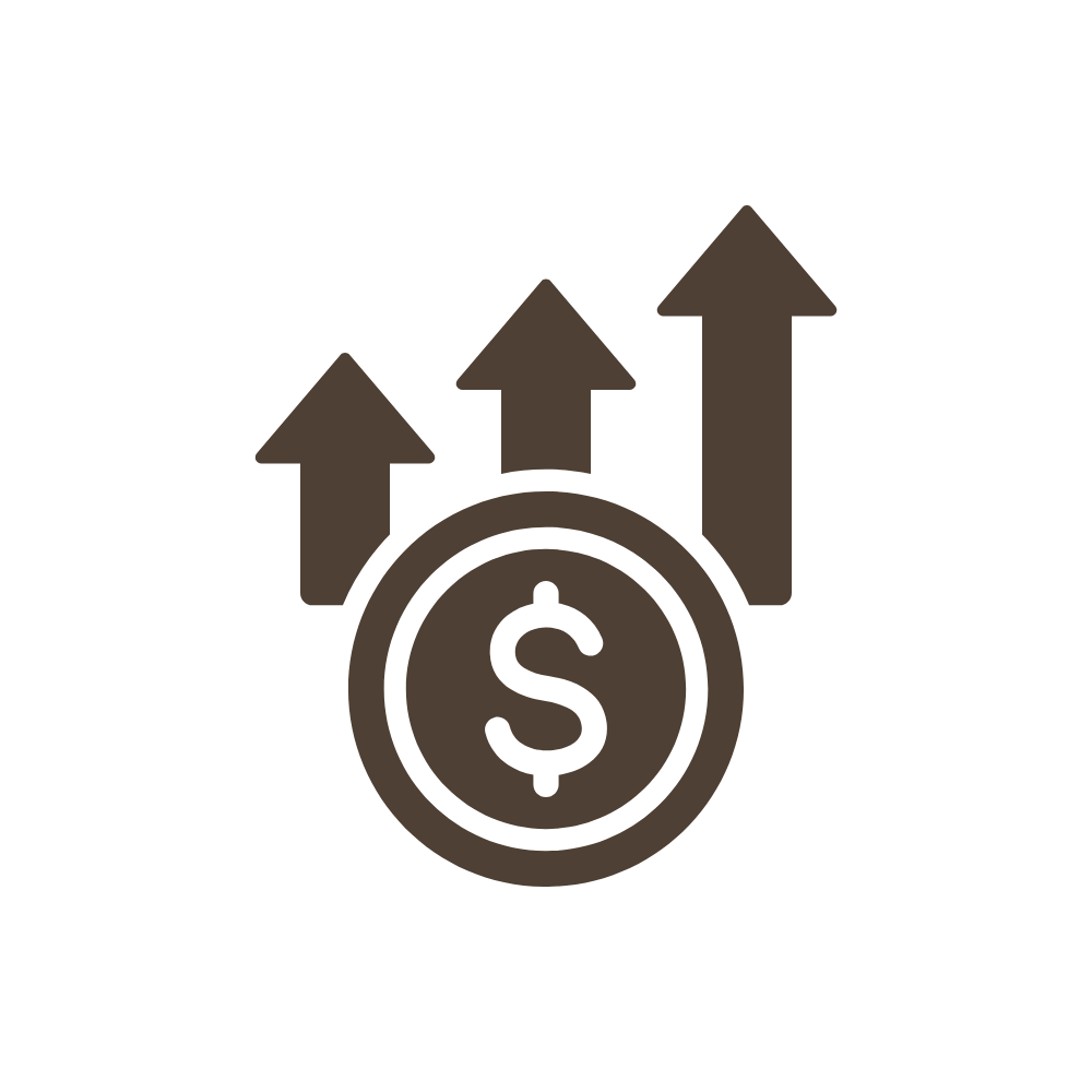 A dollar sign inside a circle with upward arrows, symbolizing financial growth or increase.