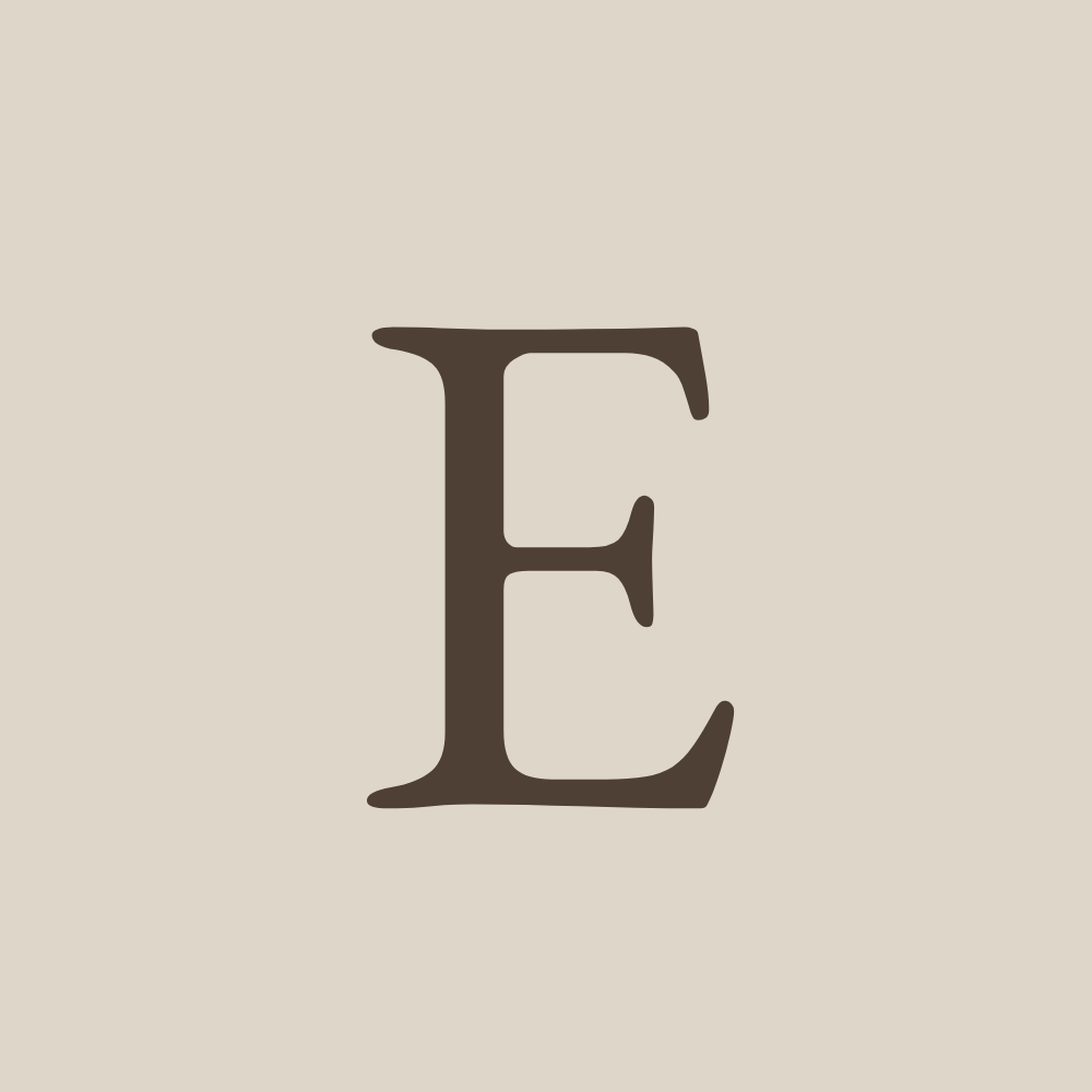 Stylized letter E on a beige background.