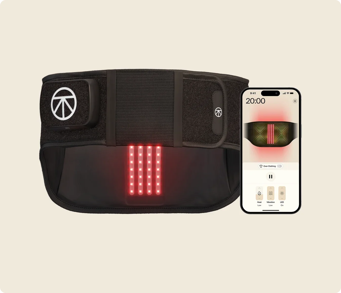 Therabody ThermBack LED lower back therapy device alongside smartphone displaying connected treatment controls.