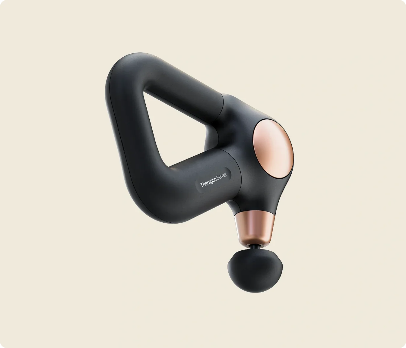 Side view of Theragun Sense massage gun showing its ergonomic triangular handle