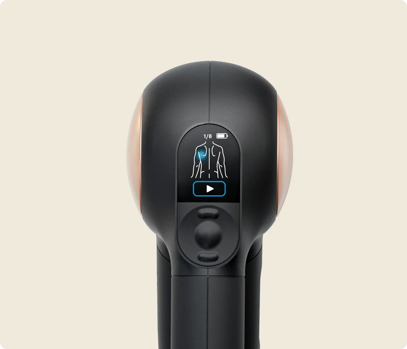 Theragun Sense LCD screen displaying guided massage routines and device settings