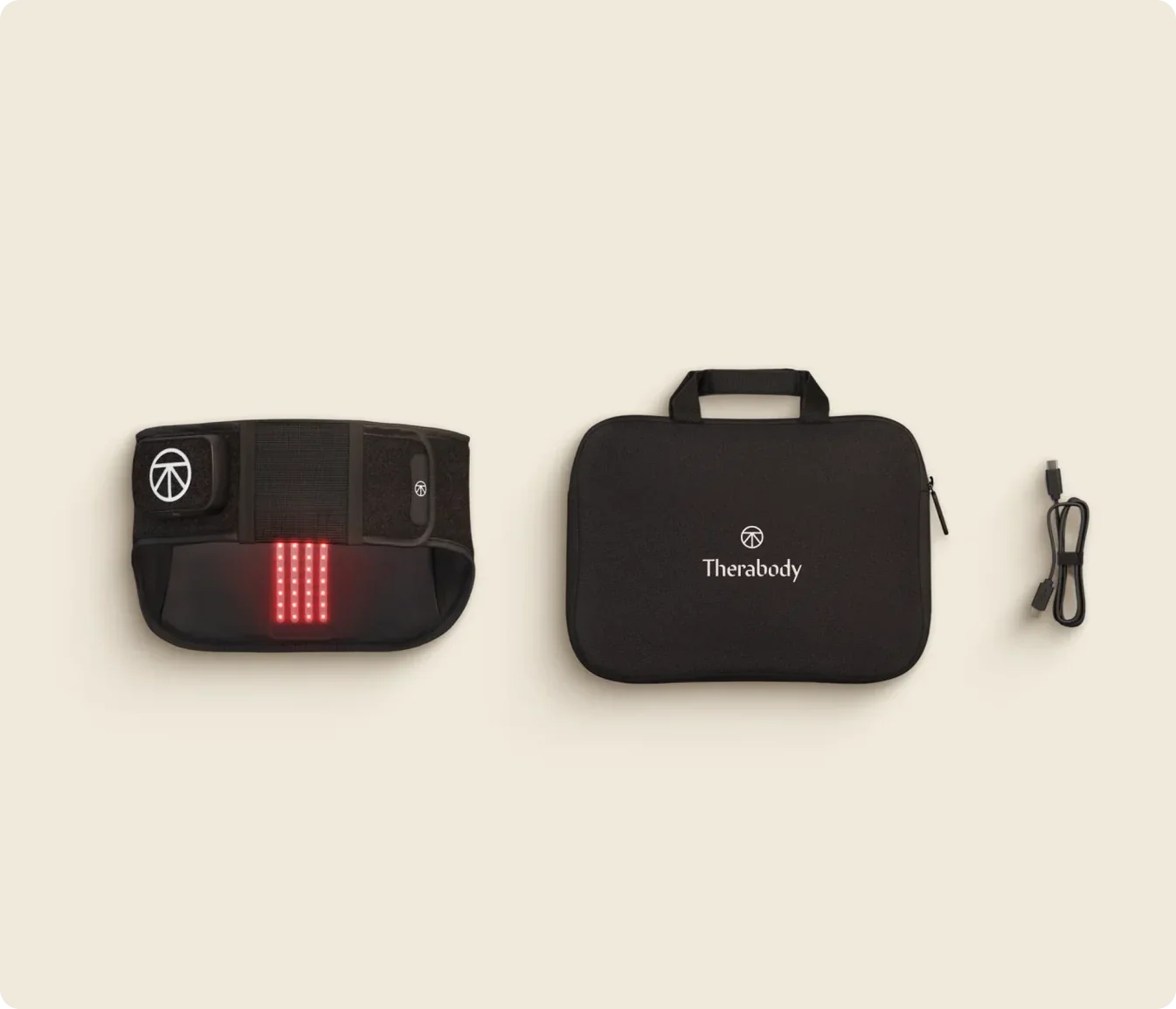 Therabody ThermBack LED wearable lower back wrap with black travel case and charging cable.