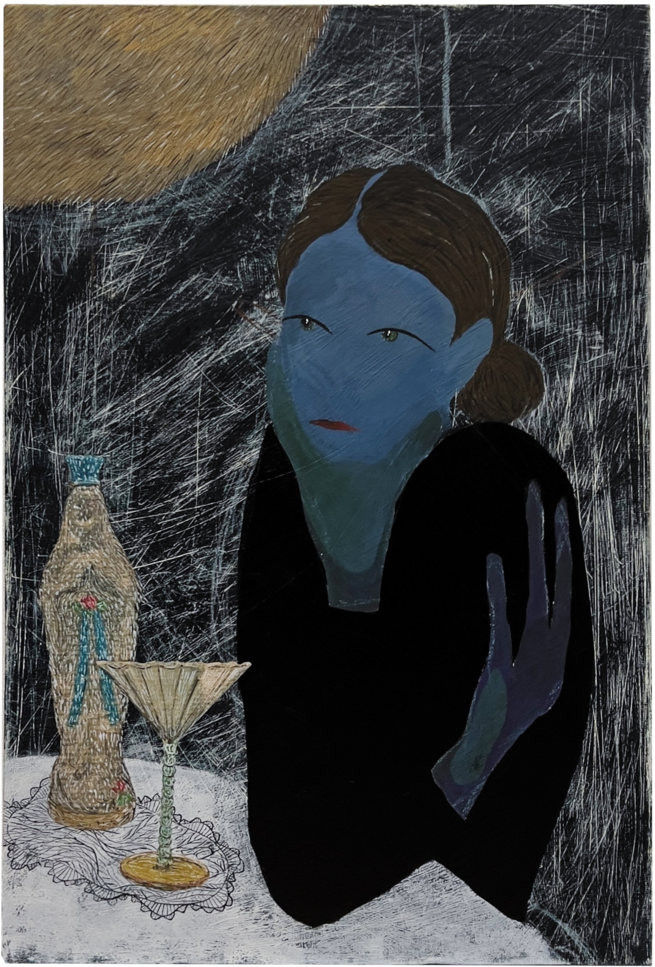 AP03-AUTOPORTRAIT #3, 2024, MIXED MEDIA ON CANVAS BOARD (TEMPERA, COLLAGE, OIL, ACRYLIC SPRAY), 41X27CM // 16X10,6 IN