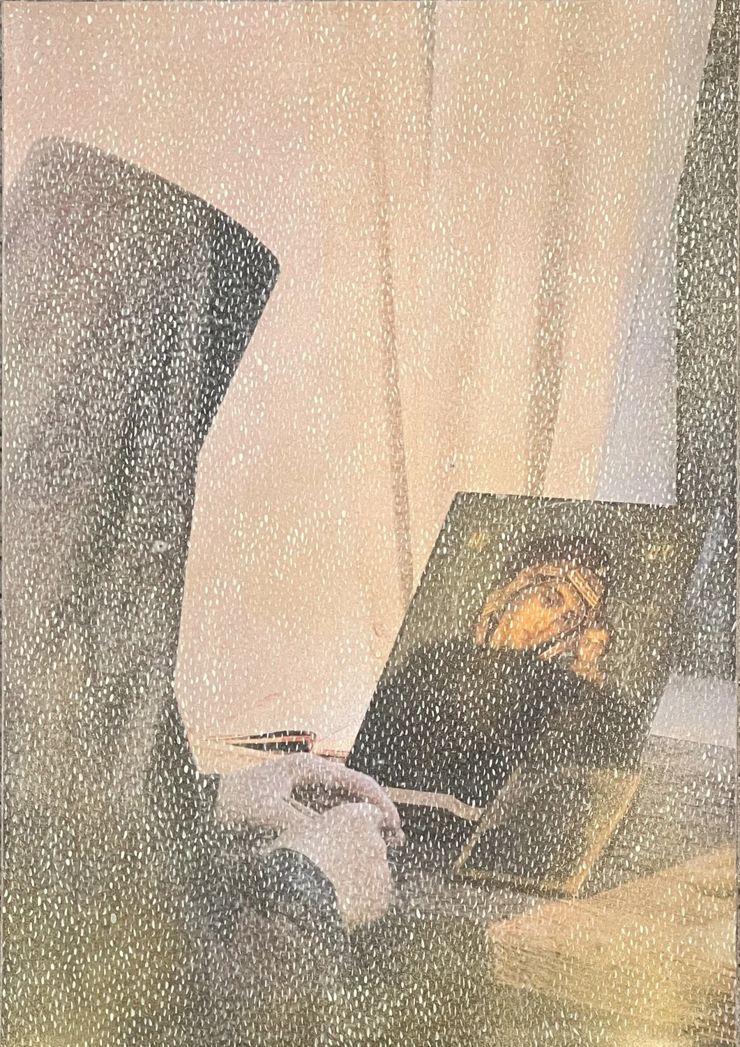 D016, Iconographe, 2023, techniques mixtes sur papier (C-print, acrylique et spray), 42 × 30 cm