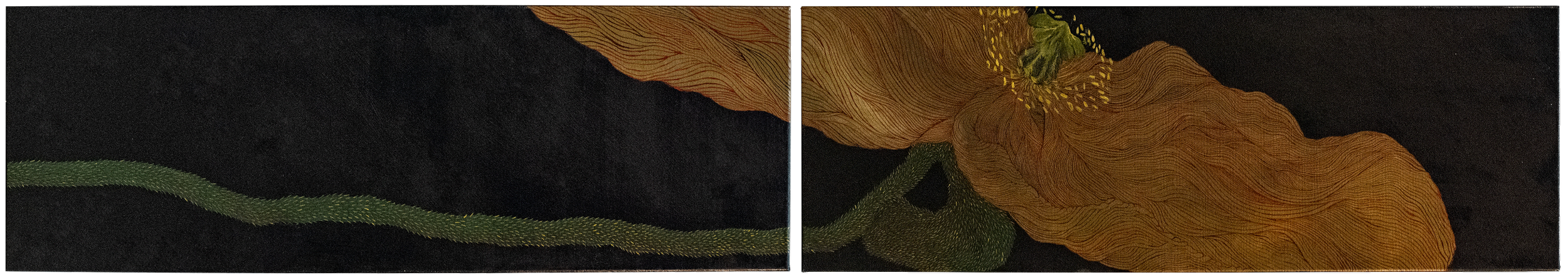 PVT21 - BROWN AND RED POPPY ON BLACK GROUND
OIL ON CANVAS 2 CANVAS 30х102CM. COMMON SIZE 30х204CM // 2 CANVAS 11,8X40,1 IN. COMMON SIZE 11,8X80,3 IN