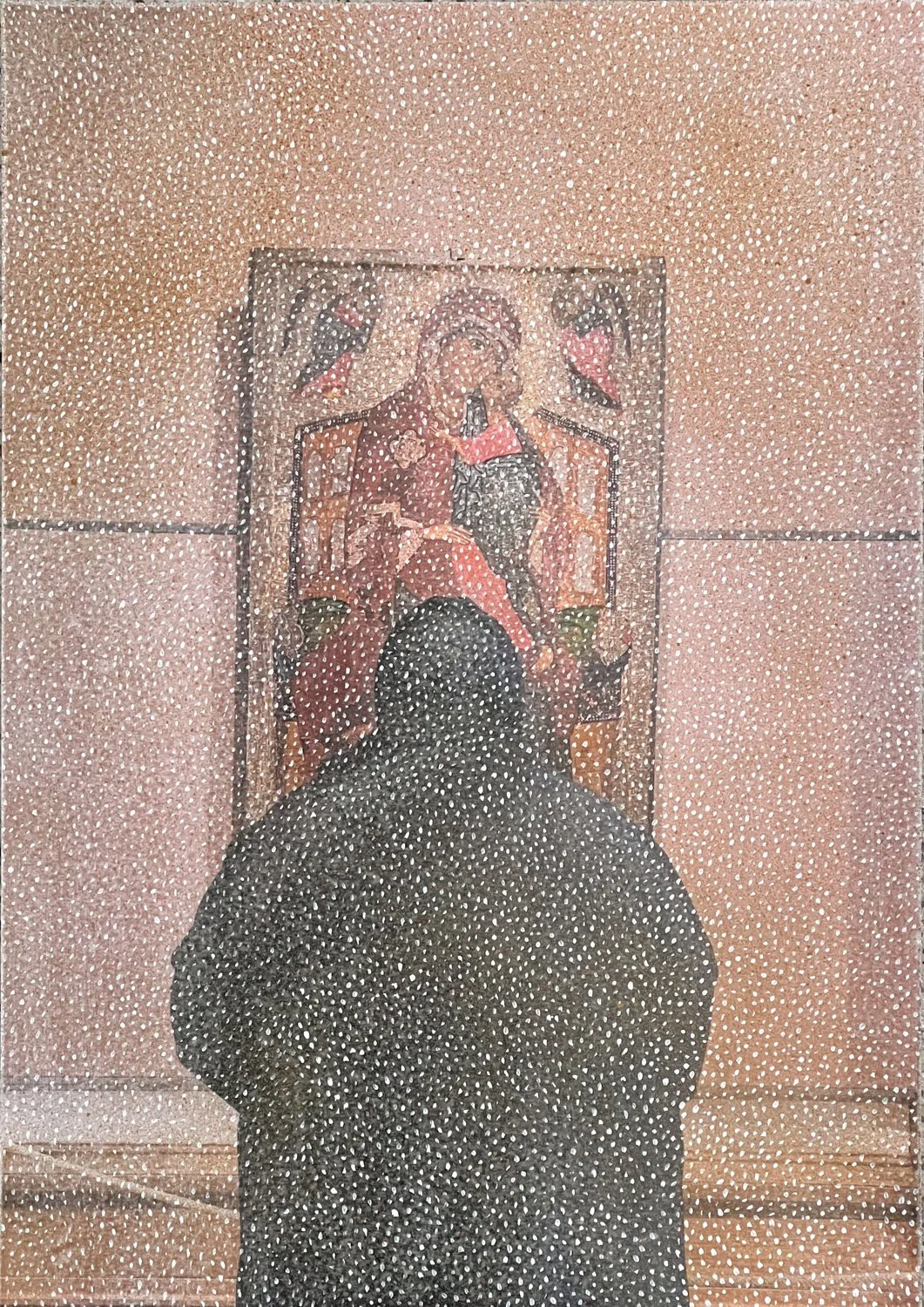 D014, Prière à la Galerie Tretiakov, 2023, techniques mixtes sur papier (C-print, acrylique et spray), 42 × 30 cm