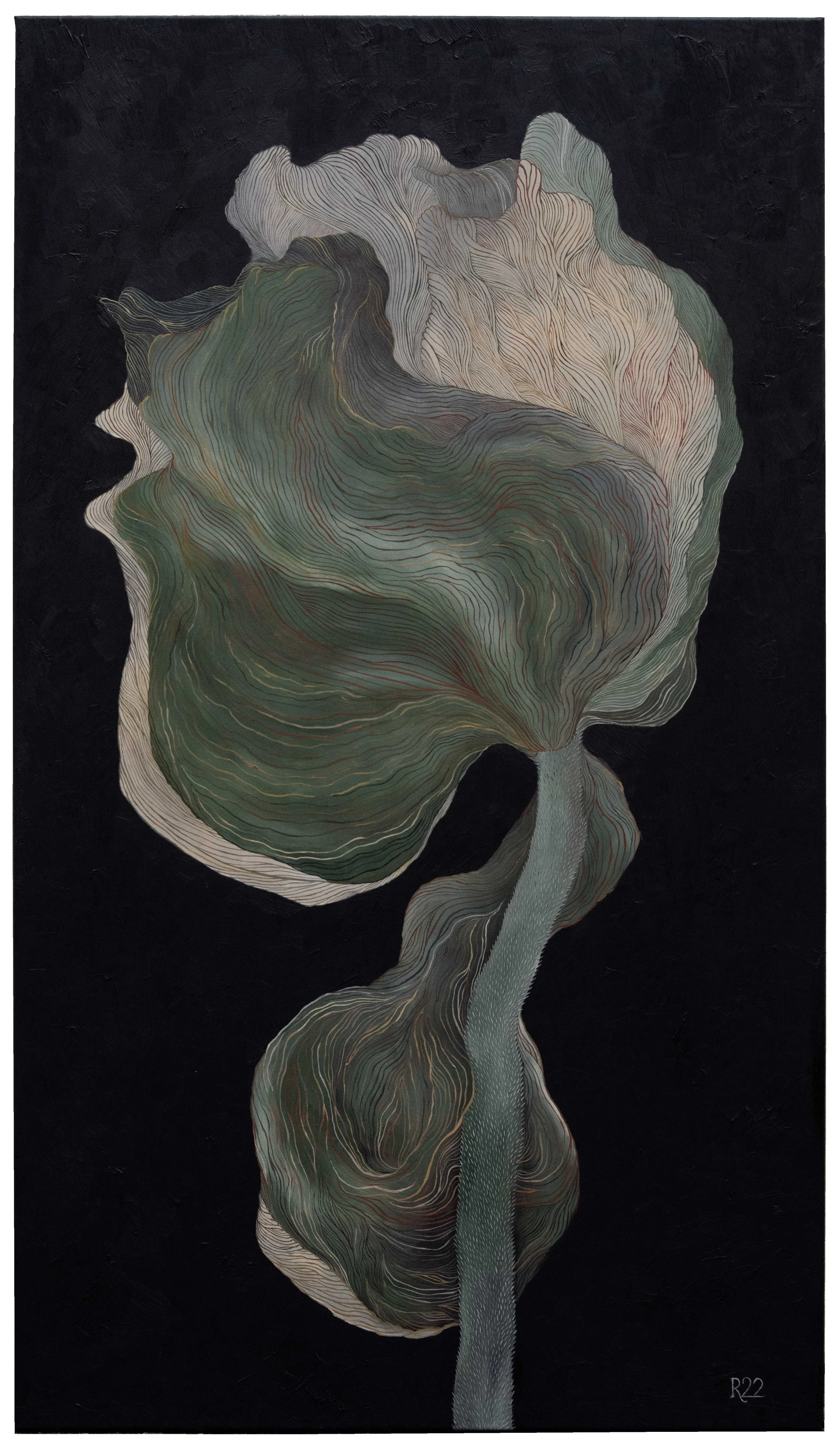 PVT33, Coquelicot multicolore vert sur fond noir, 2022, huile sur toile, 150 × 85 cm