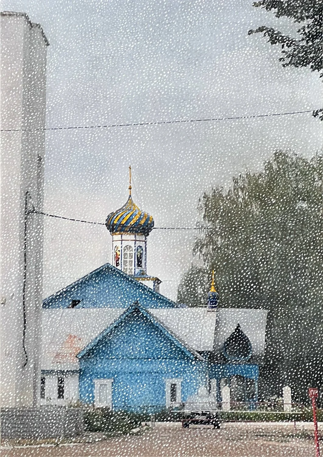 D001, Yanaul Train Station Church, 2023, techniques mixtes sur papier (C-print, acrylique, spray et marqueur), 42 × 30 cm