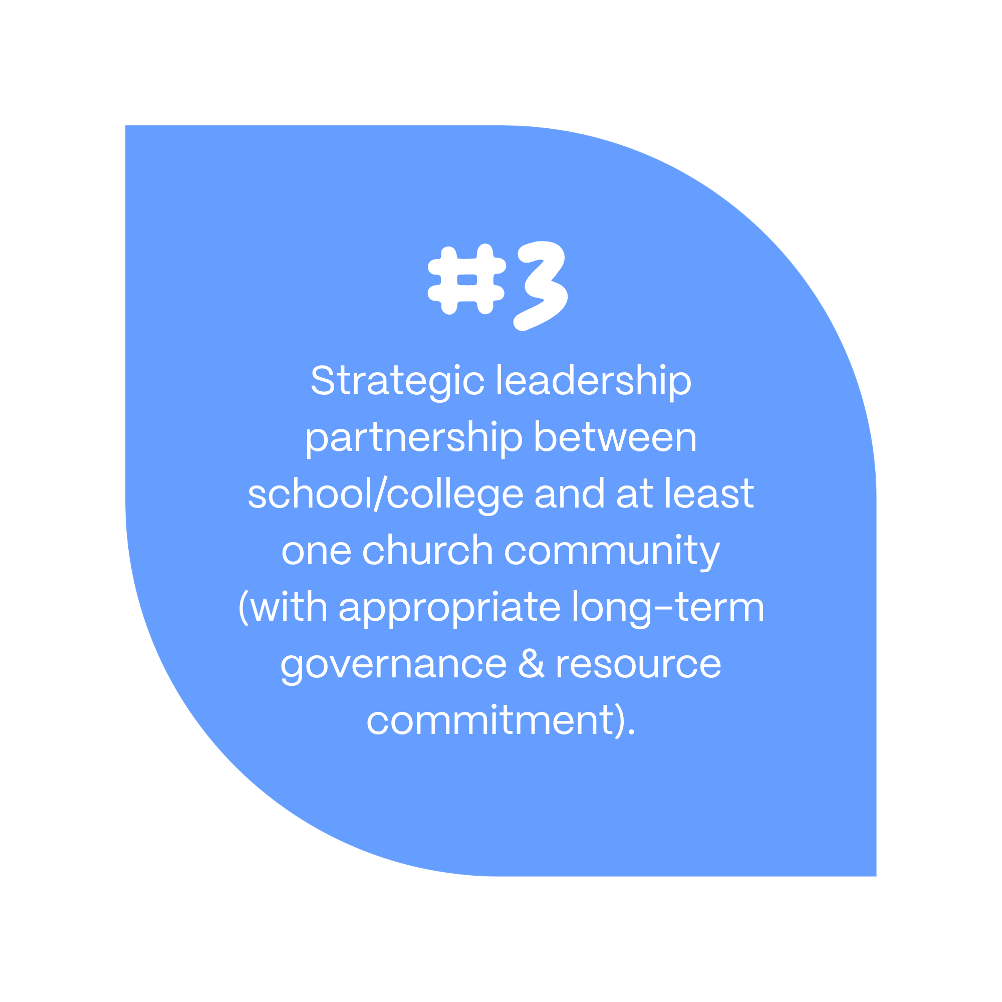 3. Strategic leadership partnership between school/college and at least one church community (with appropriate long-term governance & resource commitment).