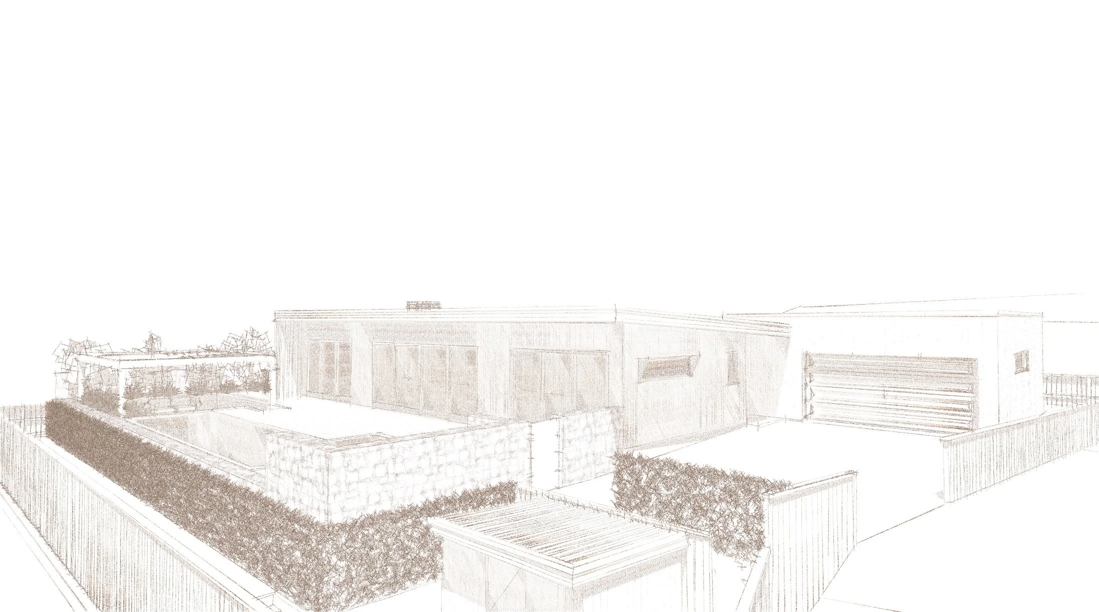 A sketched architectural drawing of a modern building with a courtyard and surrounding fence.