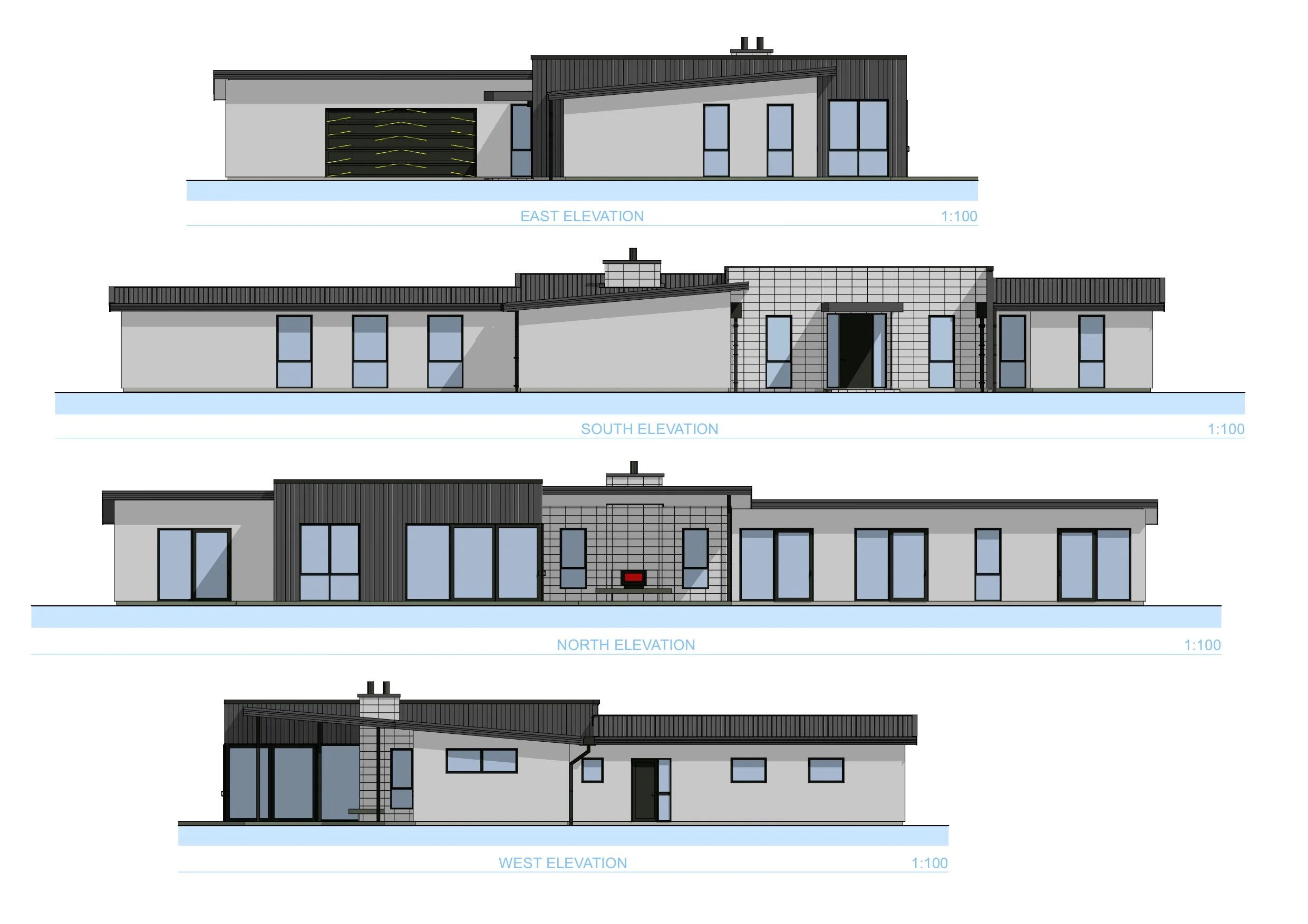 Architectural elevation drawings of a modern house from east, south, and west views, showing exterior design, windows, and roof details.