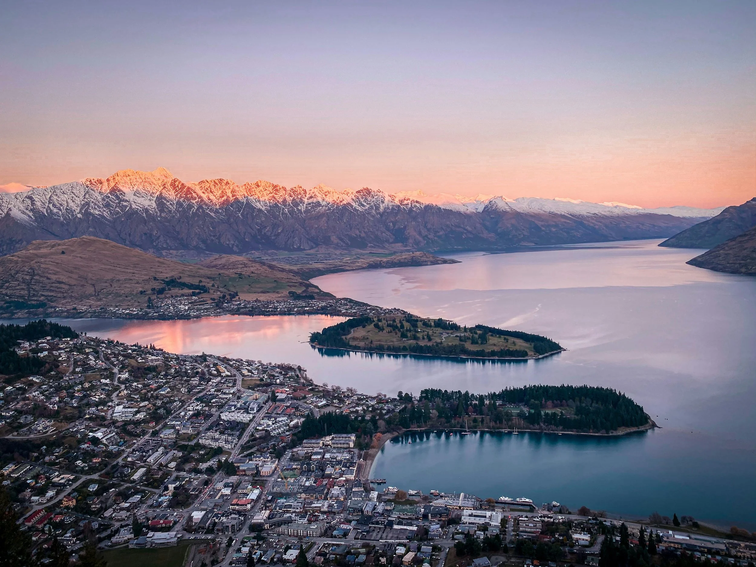 Aerial view of Queenstown during sunset.