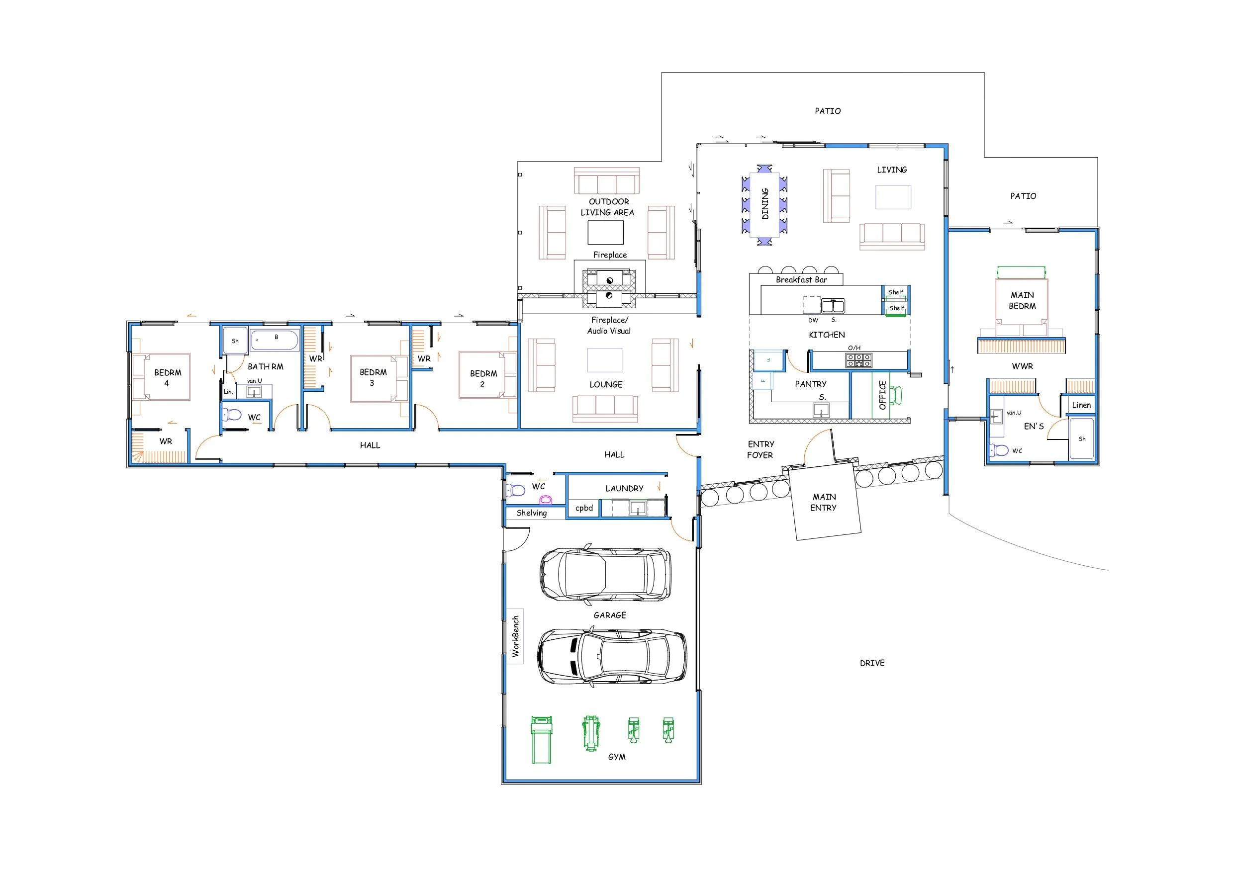 Detailed floor plan of a house with labeled rooms, outdoor areas, garage, and driveway, shown in black, blue, green, and red lines.