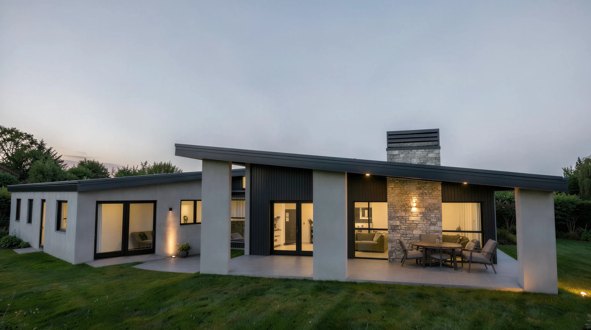 Modern house with large windows and outdoor patio, lit interior, surrounded by green grass and trees at dusk.