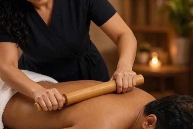 An image of someone applying warm bamboo pressure to a client's back