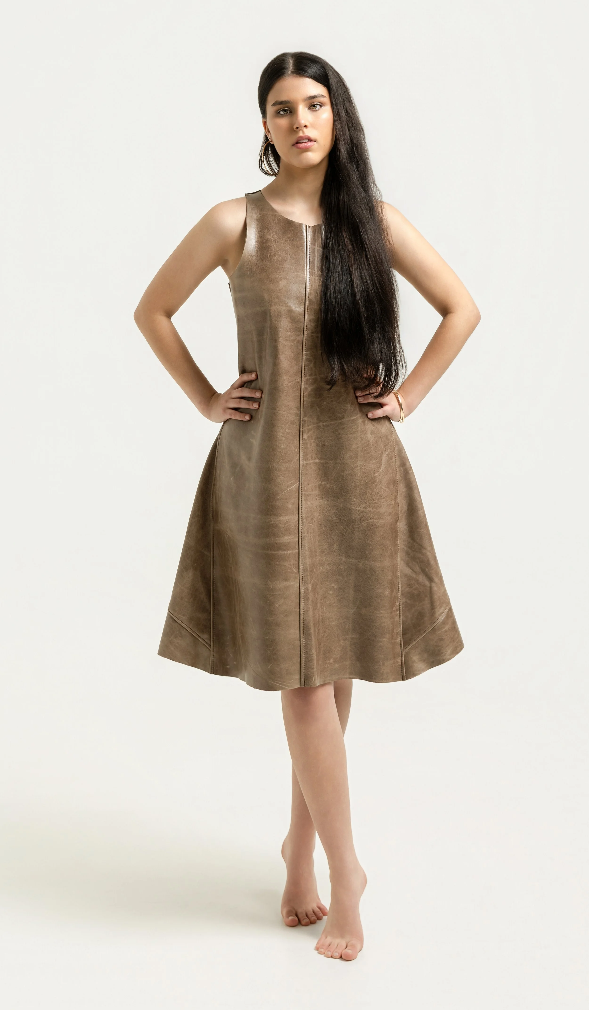 ADMIL , DRESS, genuine, leather, a line, sleeveless