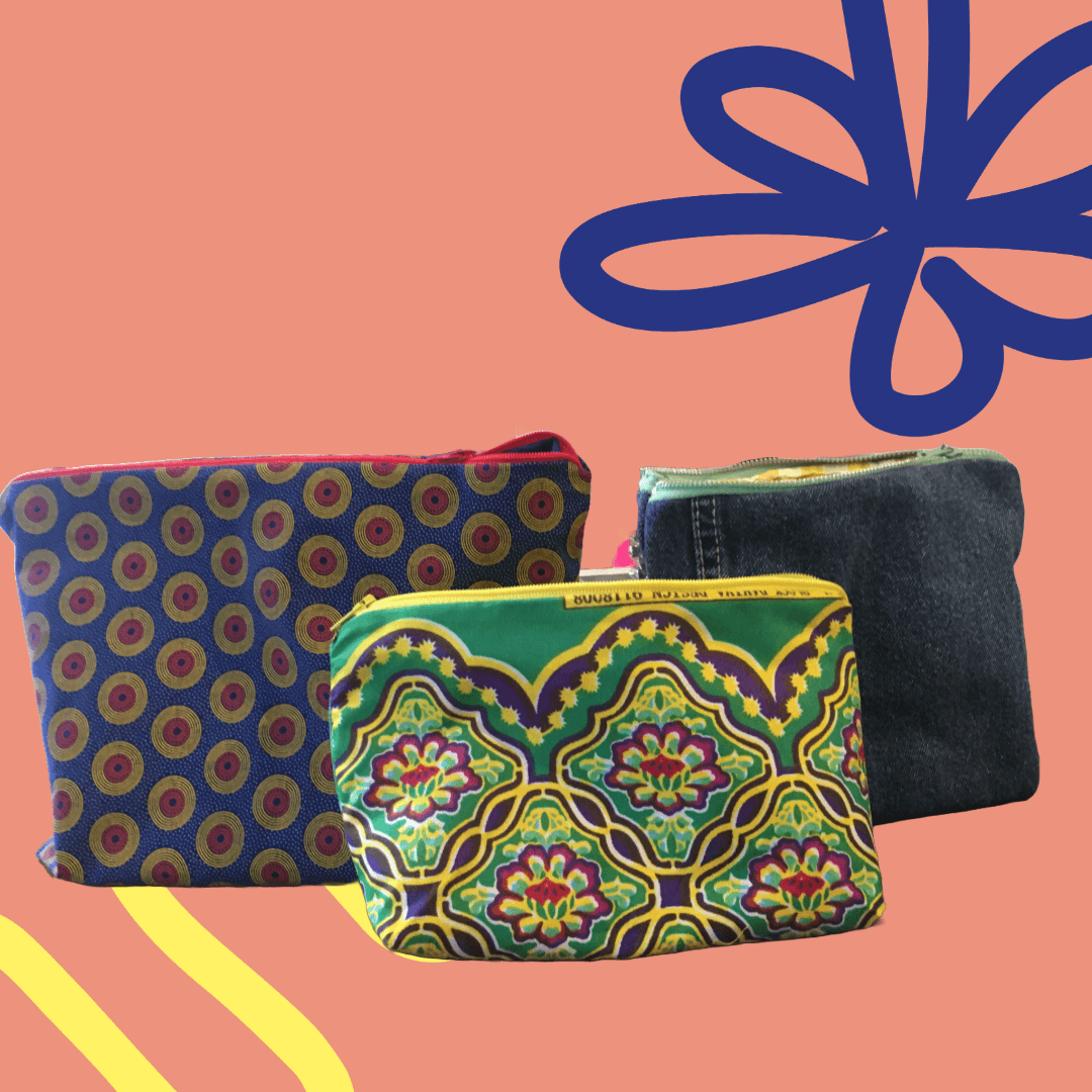 Three patterned pouches against a graphic background