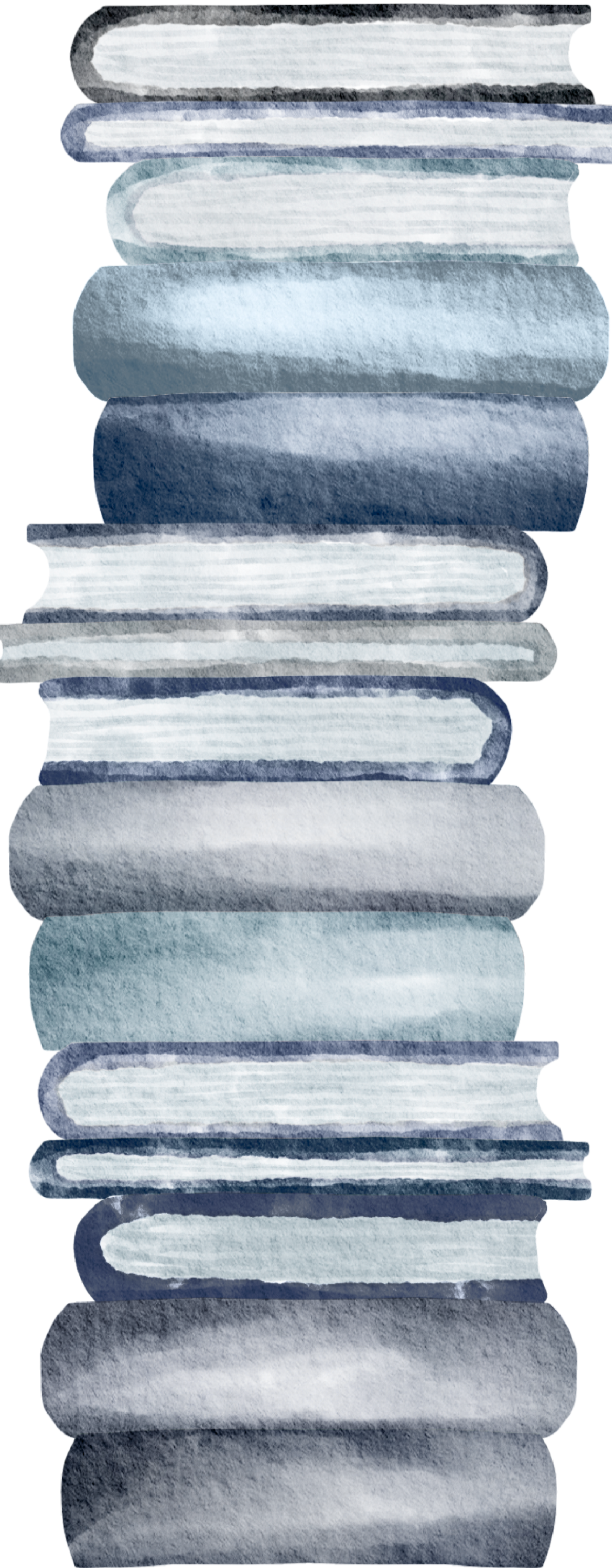 A stack of books with watercolor textures in shades of blue, gray, and white.