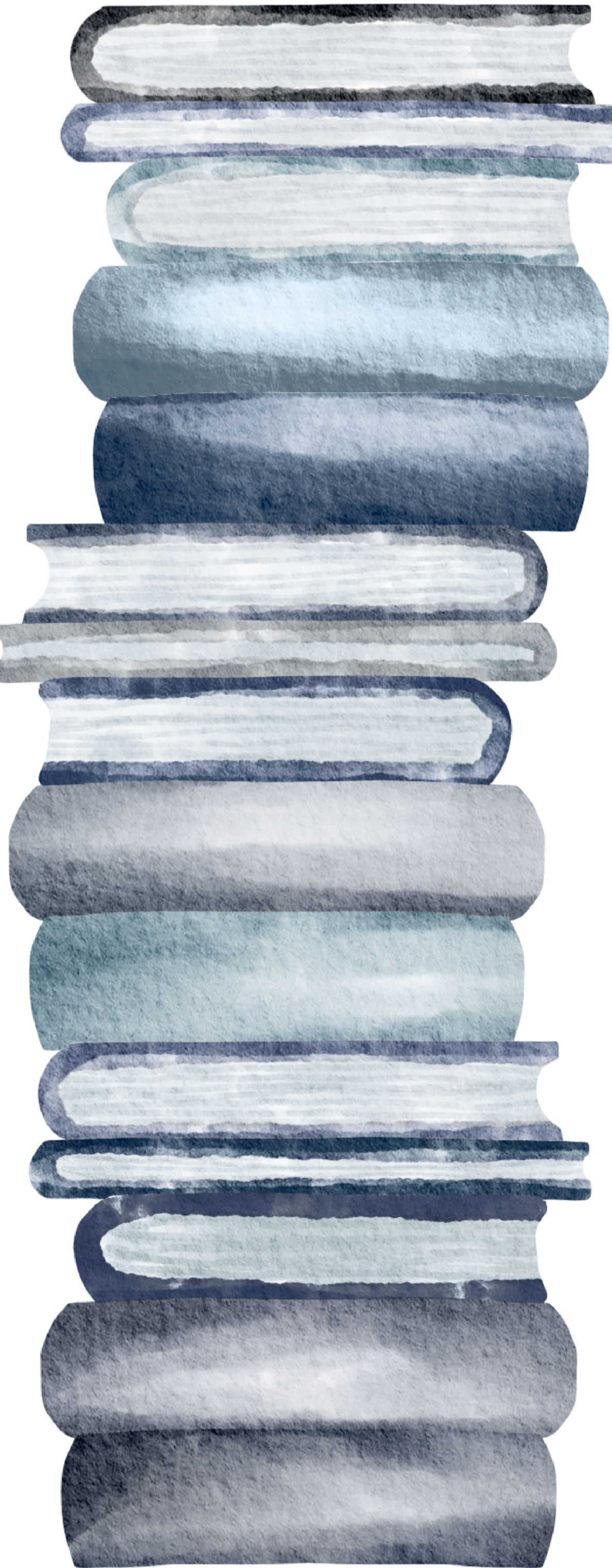 Stack of books with blue, gray, and white covers, viewed from the top down.