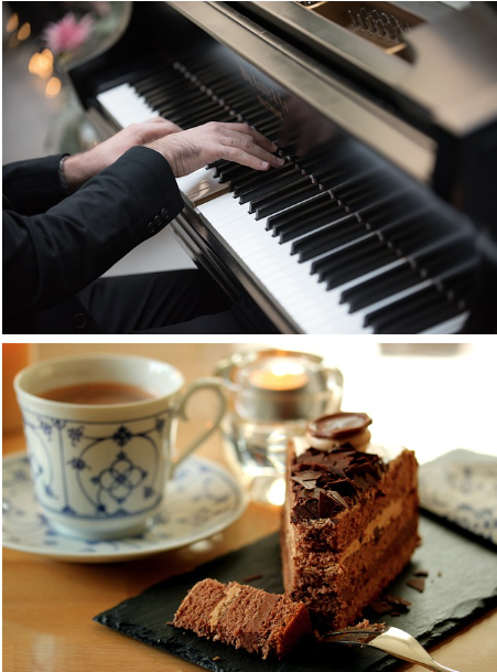 Piano music, tea and coffee.