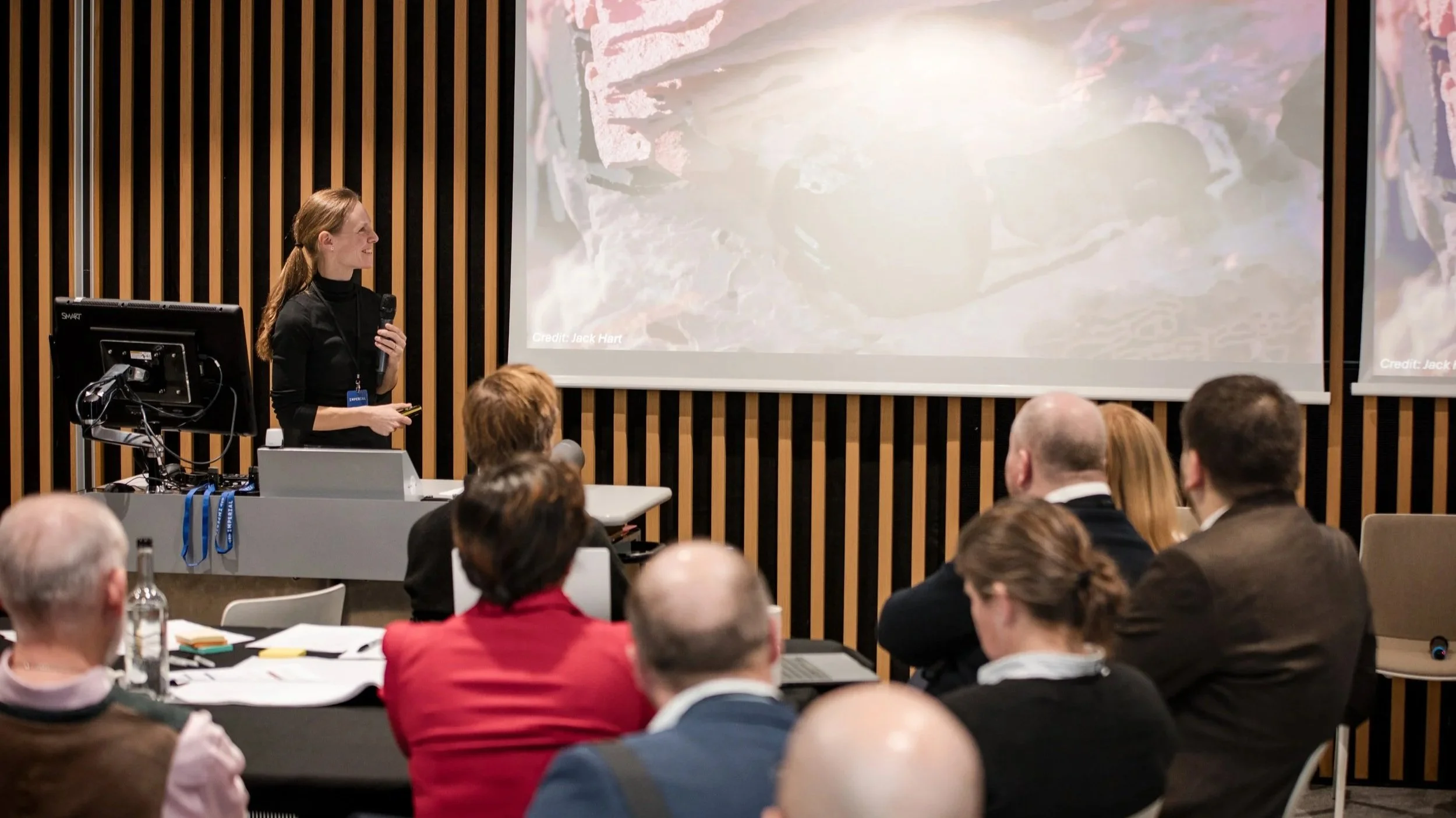 Helena Knowles presenting her research at the front of the room