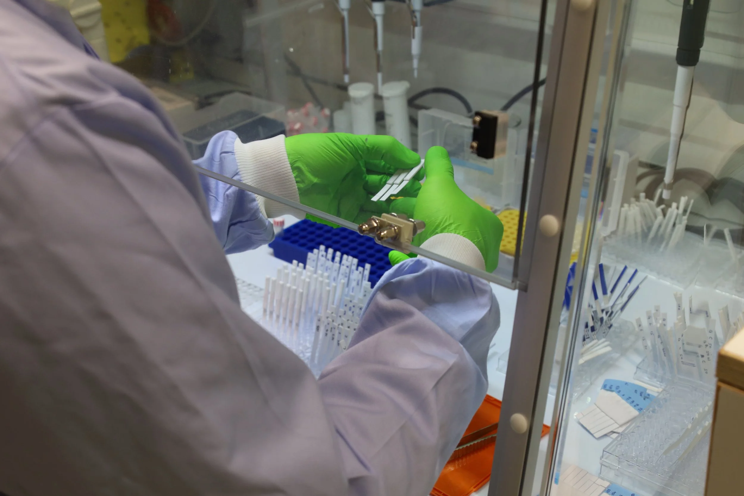 A researcher wearing green gloves holding samples in a fume hood